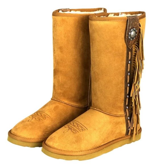 Montana West, Mid Calf Light Brown Fur Lined Boots w/Aztec Tapestry And Fringed